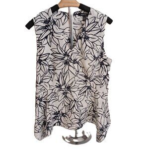 Ellen Tracy Black White Floral Peplum Top Sleeveless V-Neck Women’s L Elegant